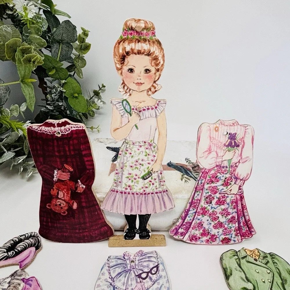 Vintage Wooden Paper Dolls Victorian Dress Up & Fireplace Lot Cottagecore